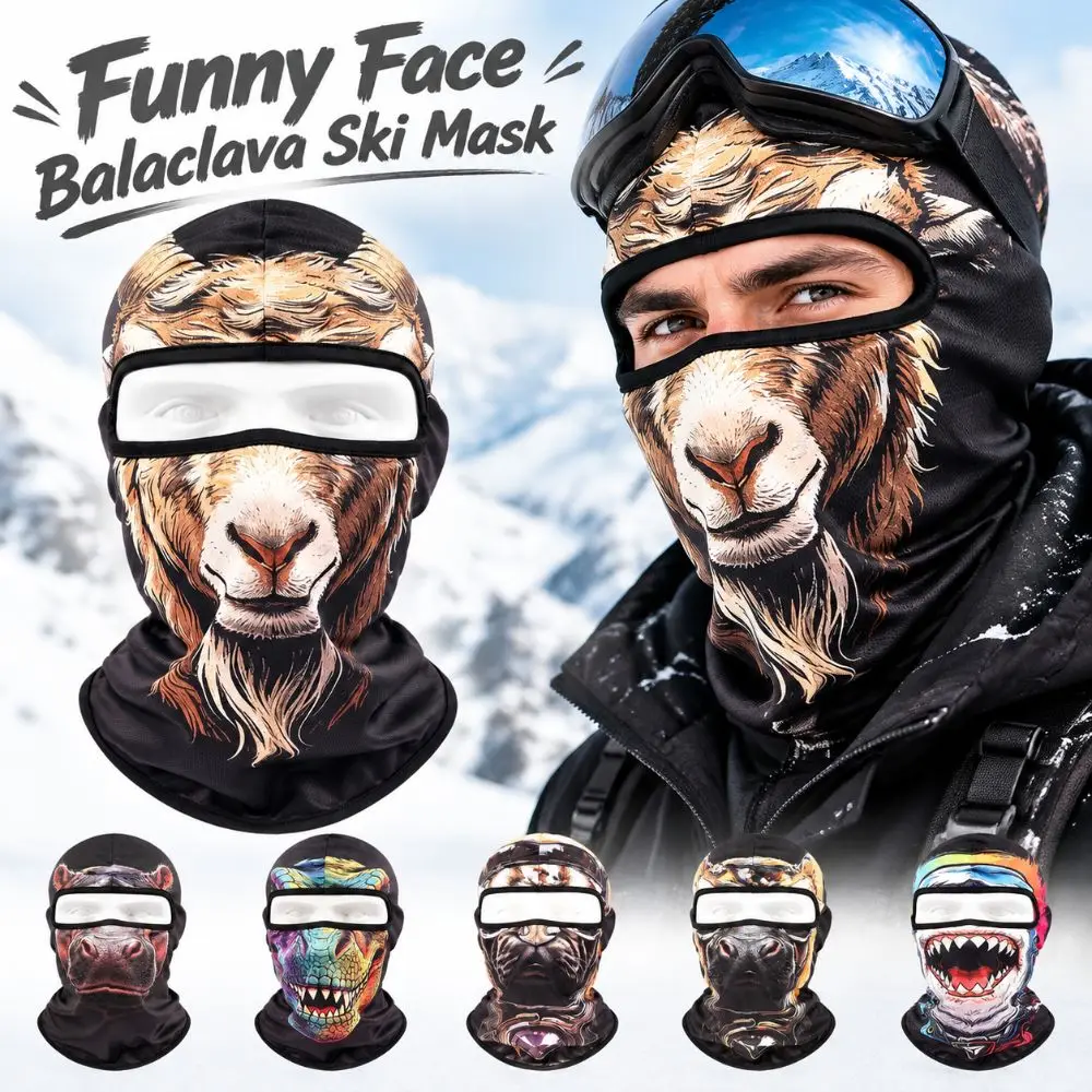 3D Printed Animal Pattern Funny Ski Mask Breathable Eye Hole Quick Dry Balaclava Face Mask Windproof Sweat Absorbent Neck Gaiter