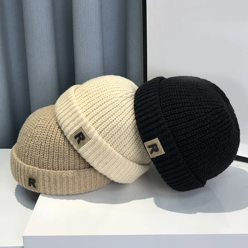 Solid Color Warm Knitting Children's Cap Autumn Winter R Letter Melon Caps for Baby Korean Casual Boys Girls Brimless Hat Beanie