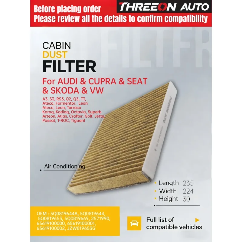 

For VW Golf MK7 Passat B8 For Audi A3 Seat Leon Skoda Octavia Superb 5Q0819653 5Q0819644 THREEON TOC26009 Cabin Filter CUK26009