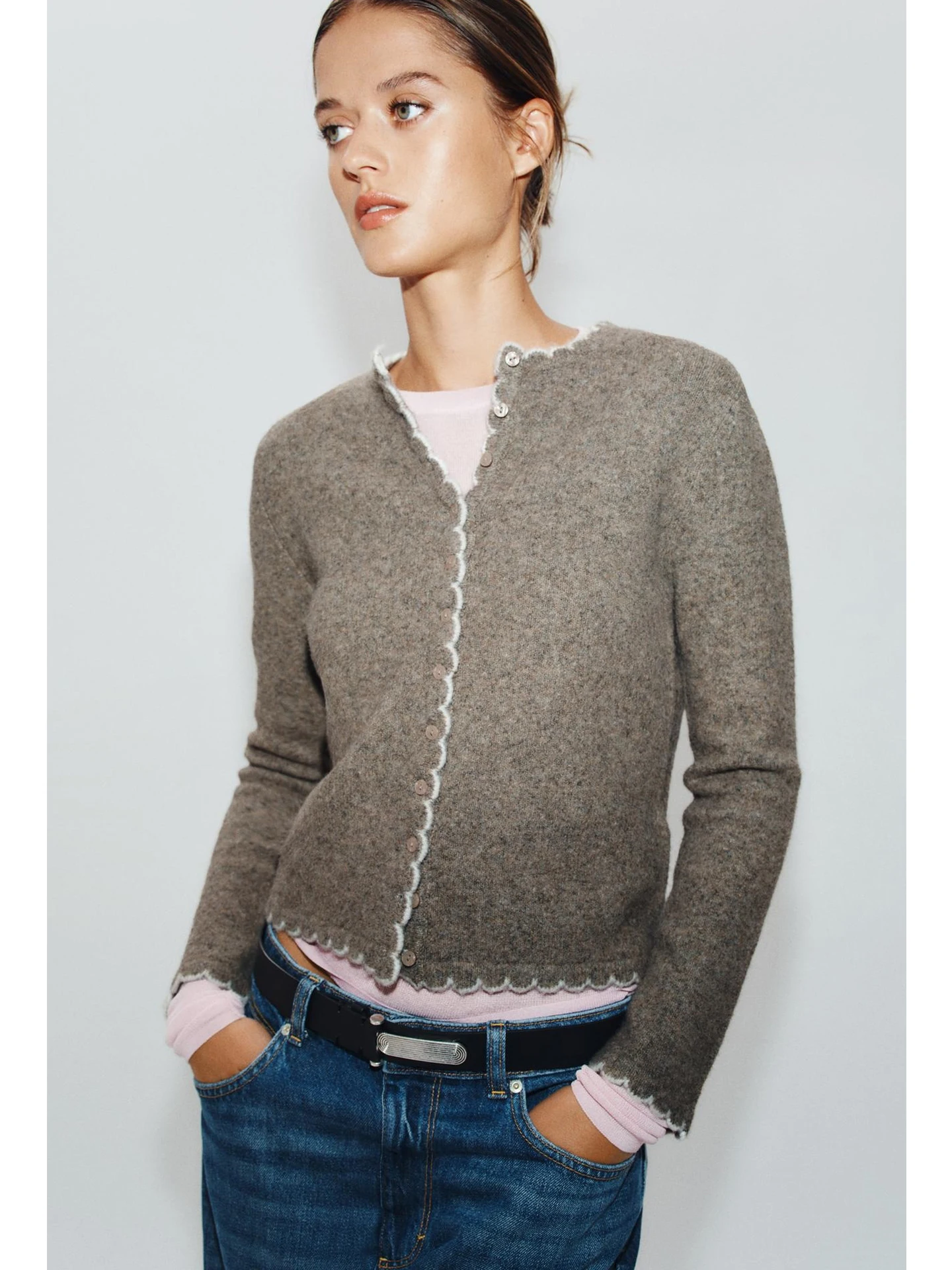 Fall New Women's Long Sleeve round Neck Multi-Button Color Block Knitted Jacket Polyester Fiber Open Cardigan