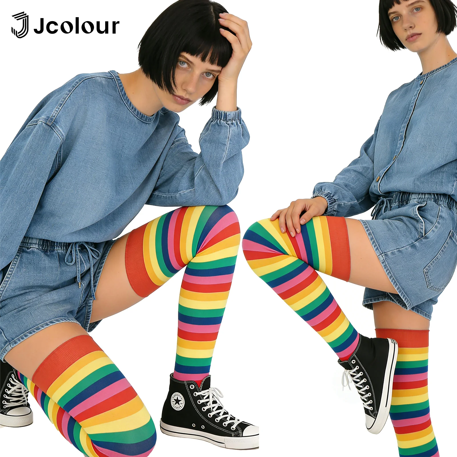 6 Pares, Meias longas listradas fofas para mulheres，Meias coloridas na moda até o joelho，Adequado para festas e dançar