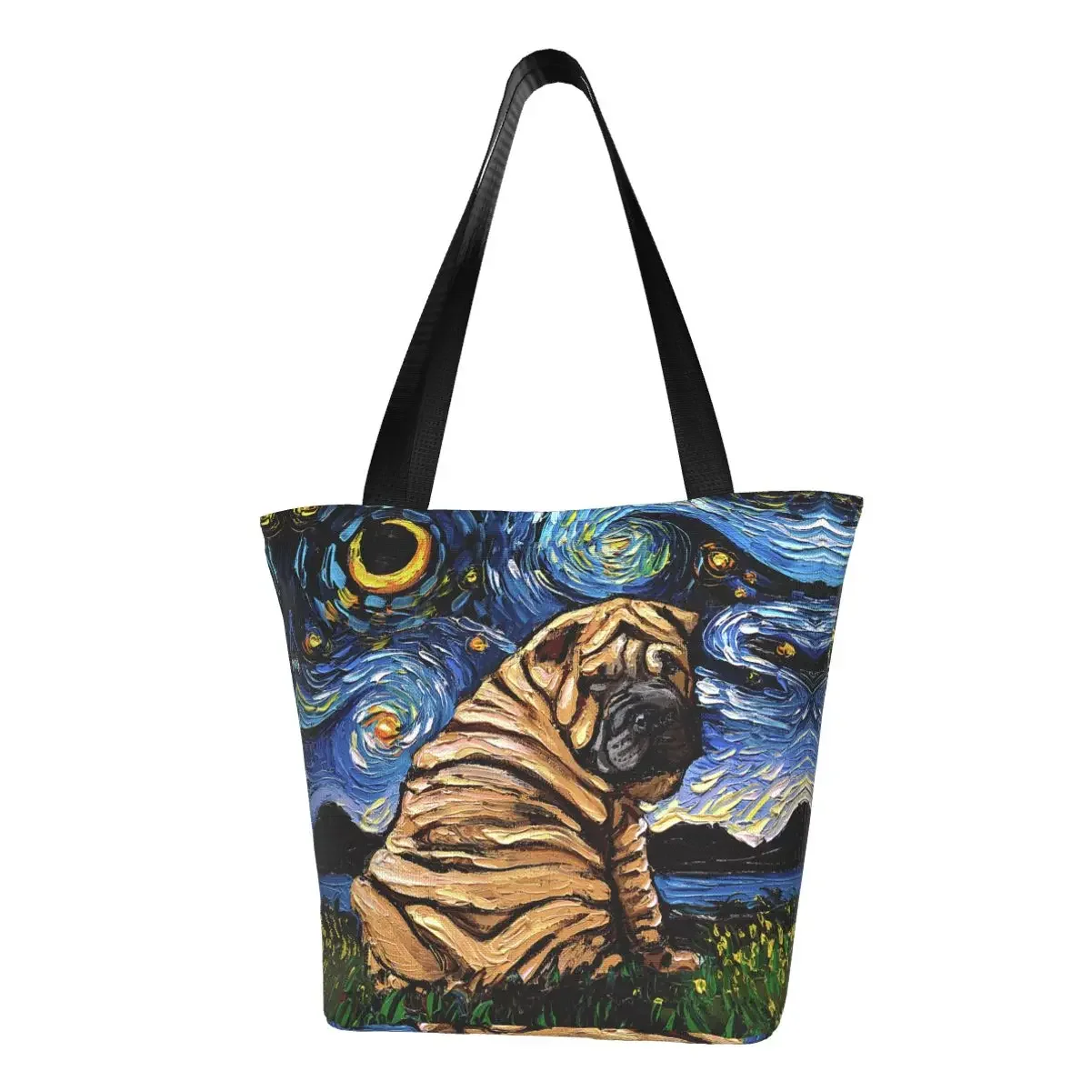 Custom Starry Night Sharpei Shopping Canvas Bag Women Washable Grocery Shar Pei Dog Tote Shopper Bags