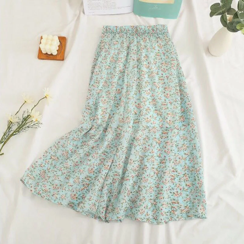 2026 New Korean Retro Floral Midi Skirts for Women Spring Summer Elegant High Waist Casual Mid Length Women's Skirts