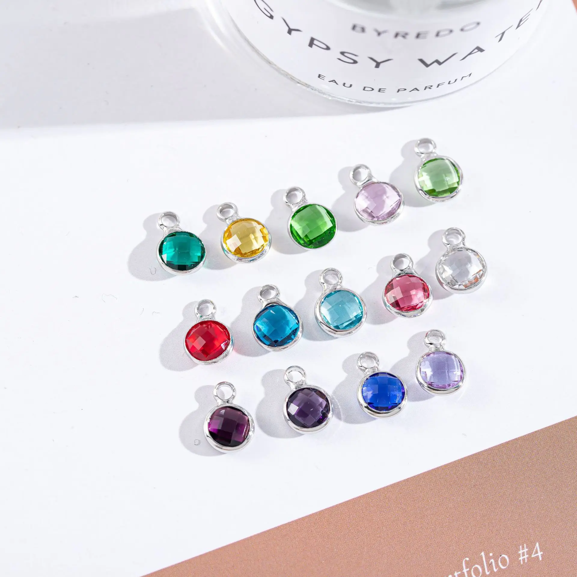 50pcs/ Bag  Silver edge inlaid with colorful crystal circular single pendant DIY earrings necklace bracelet accessories