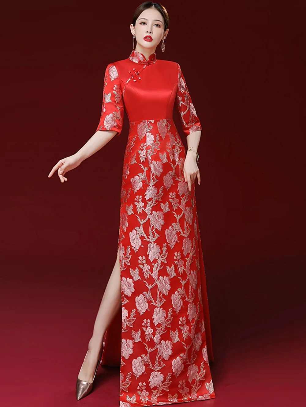 Chinese Vintage Red Model Walking Show Dresses Stage Cheongsam Performance Evening Attires Host Lady Embroidered Flowers Dress