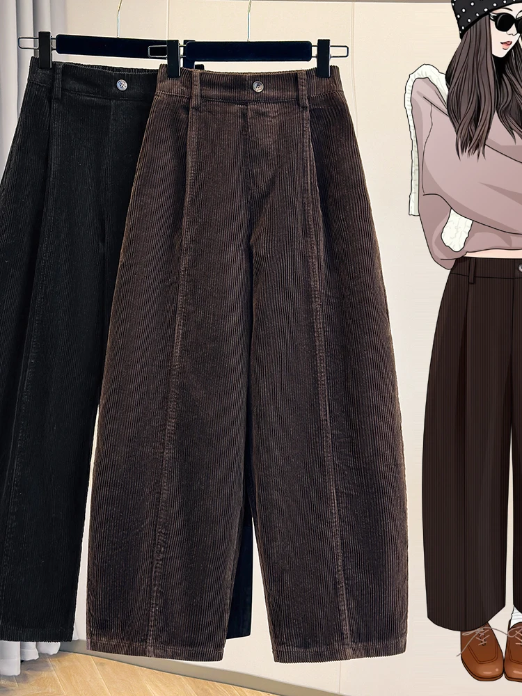 Authentic Autumn Winter Large Size Corduroy Knife-Shape Pants High Waist Straight Leg Casual Trousers for Women Korean Style