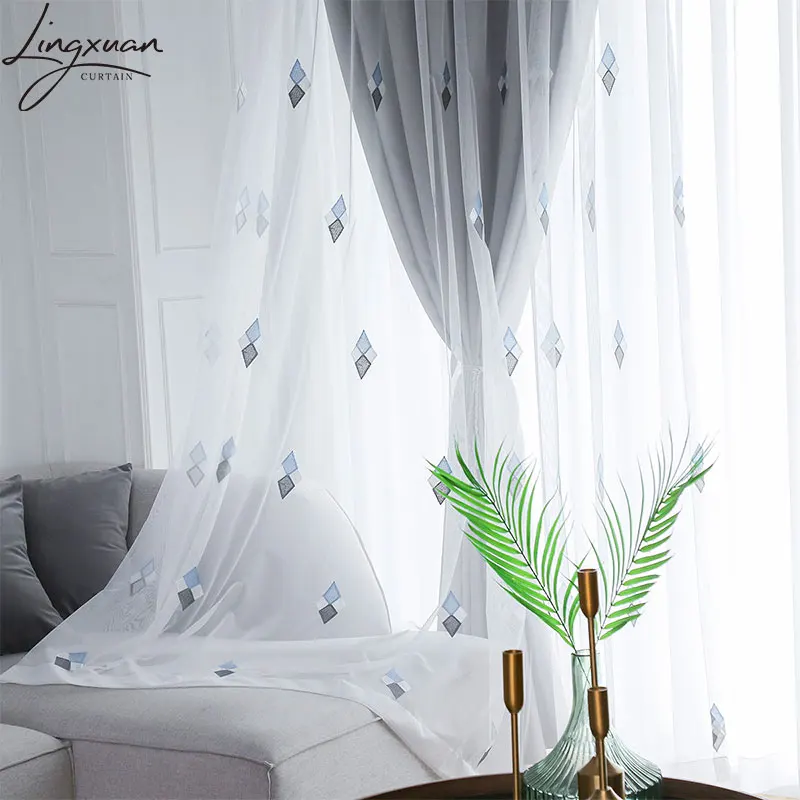 Embroidered Tulle Curtains For The Living Room Korean Pastoral Sheer Curtain For Bedroom Geometric Diamond Lattice Blinds Drapes