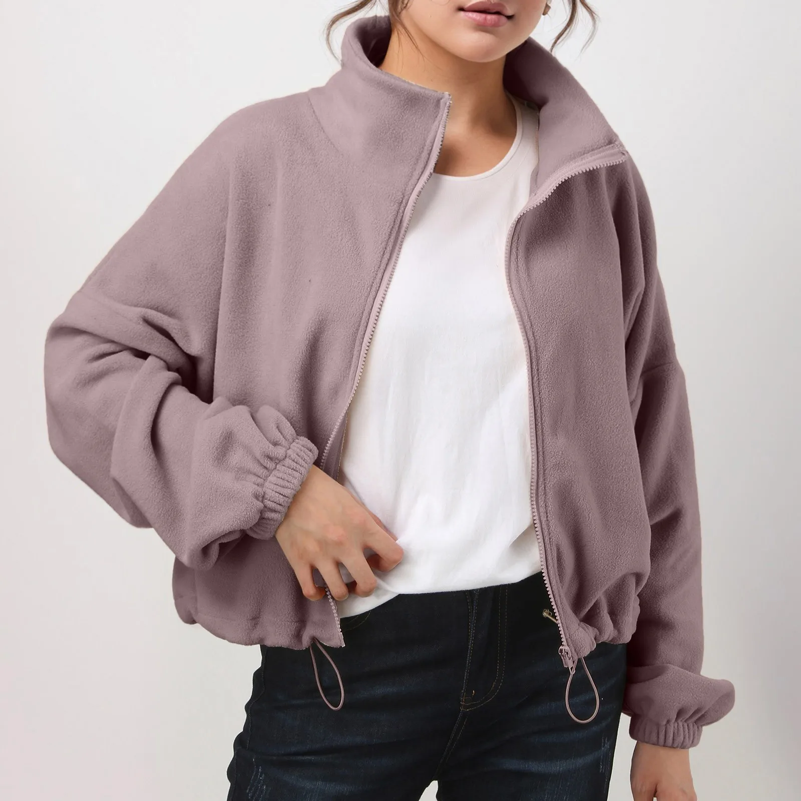 

Women Fleece Zip Up Hoodie Solid Color Stand-Up Collar Drawstring Short Cardigan Autumn Winter Thicken Loose Sports Sweatshirts