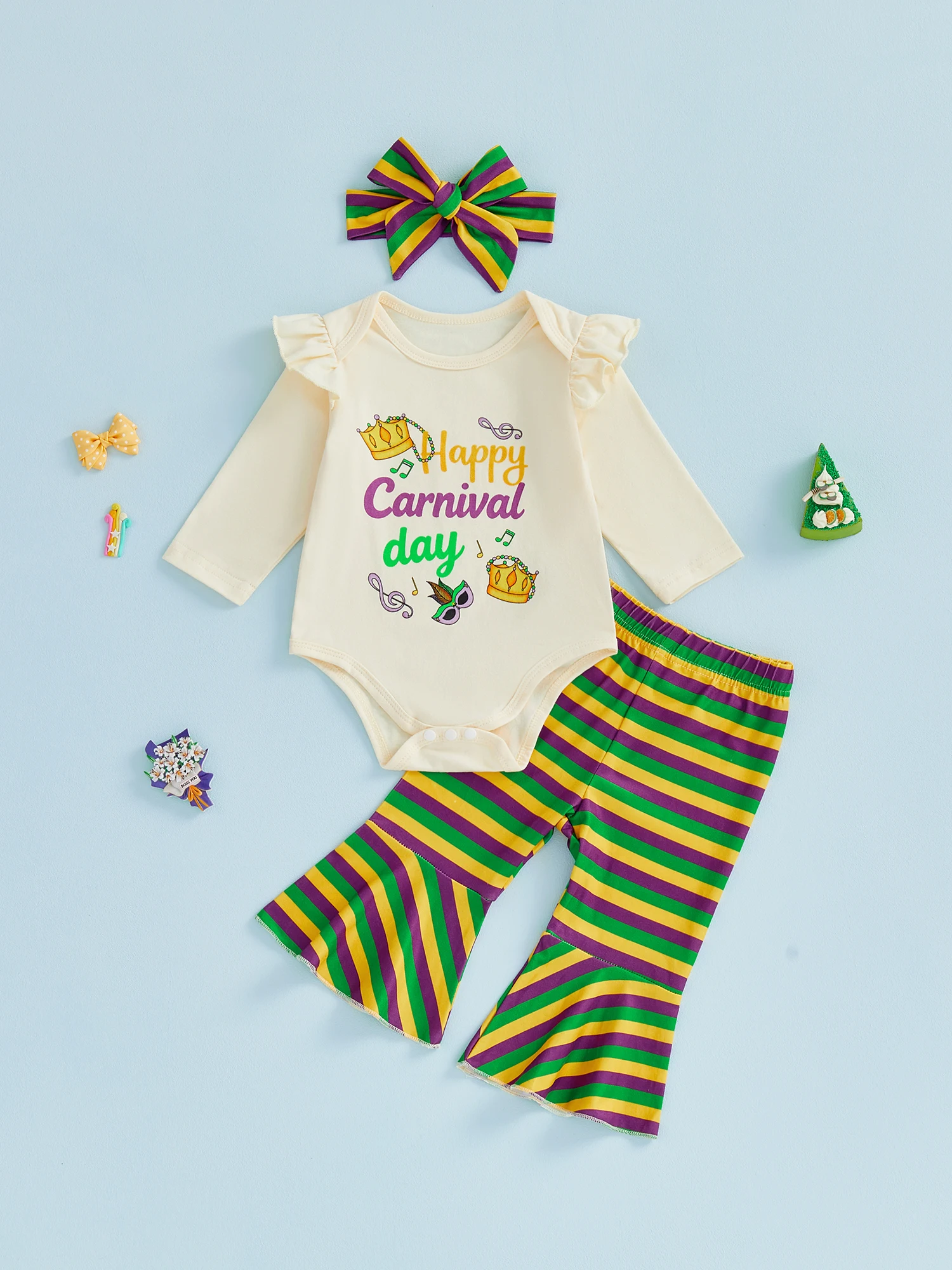 طقم زي الأميرة الهالوين للأطفال الصغار بأكمام طويلة وسروال مخطط واسع وعصابة رأس مكون من 3 قطع للفتيات