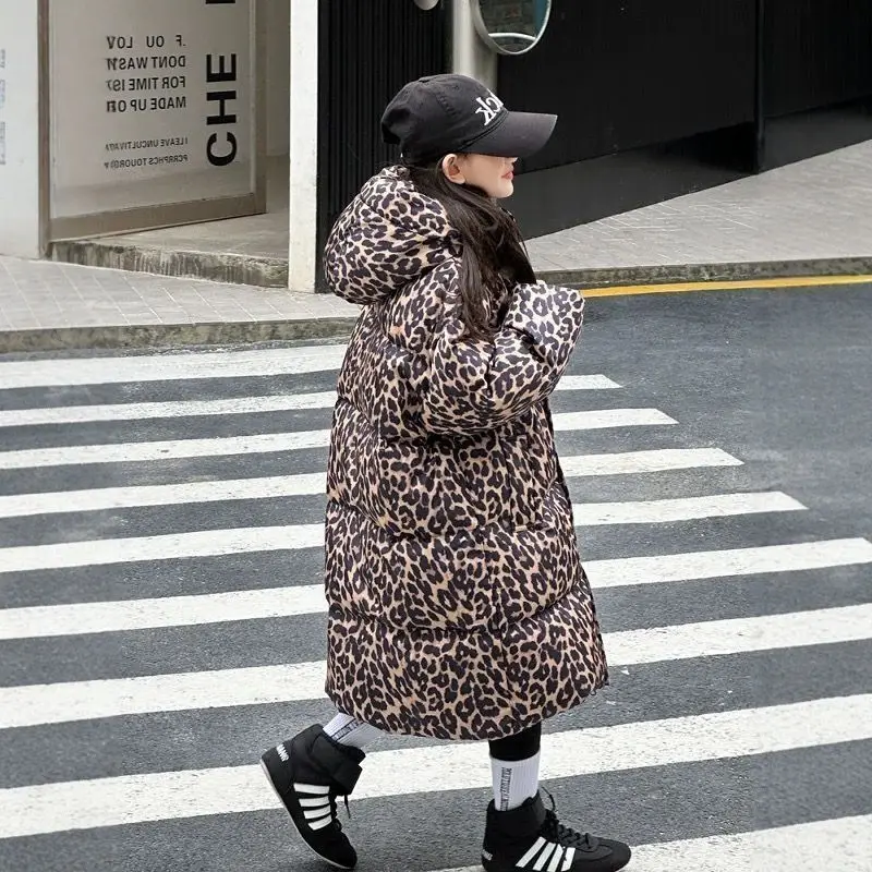 

Girls' Winter Down Jacket 2025 New Kids Leopard Print Hooded Thickened Warmth Cotton-padded Coat Stylish Off-season Sale