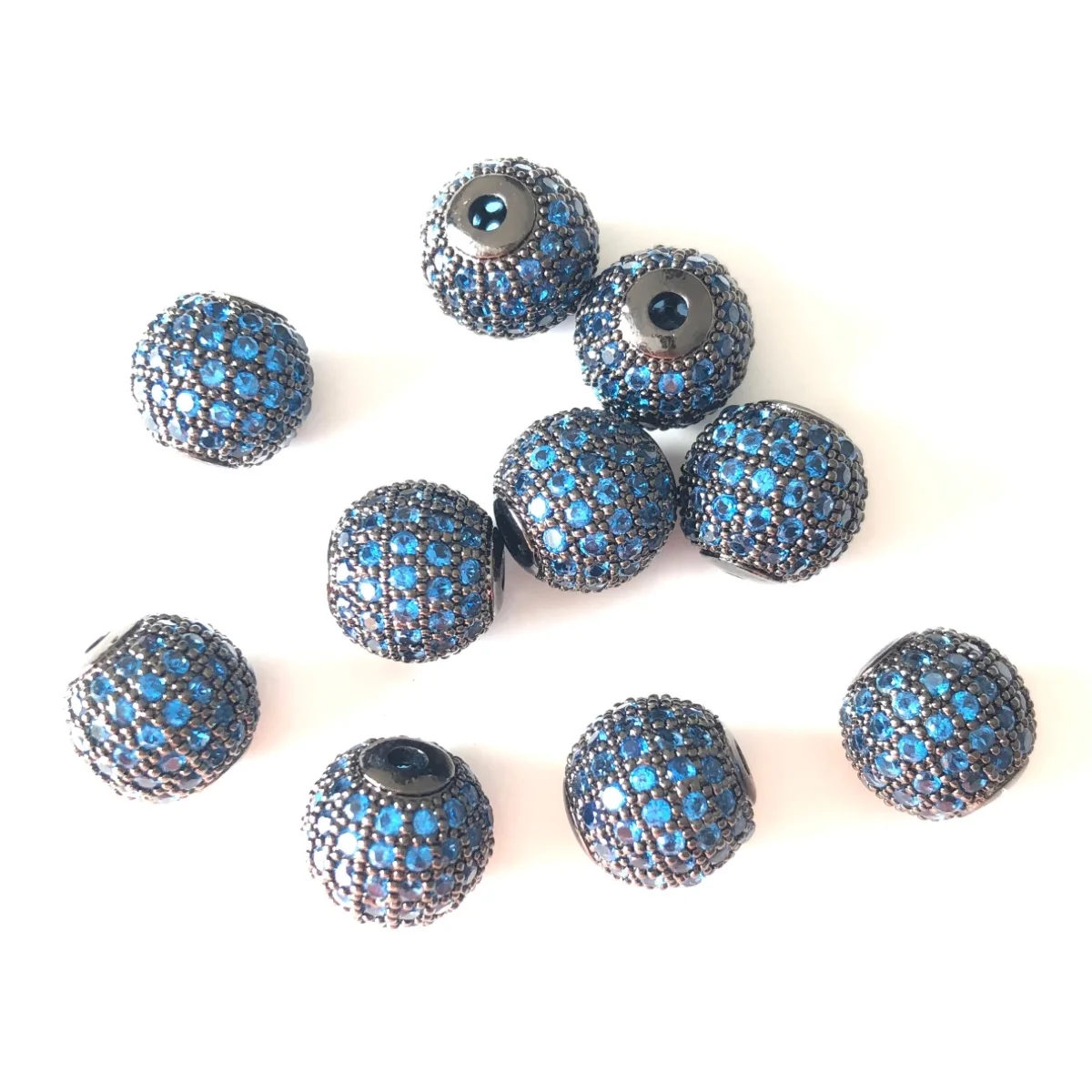 10pcs 10mm Light Blue Cubic Zirconia Paved Copper Ball Spacers Beads for Women Bracelet Necklace Jewelry Handmade Accessory Bulk