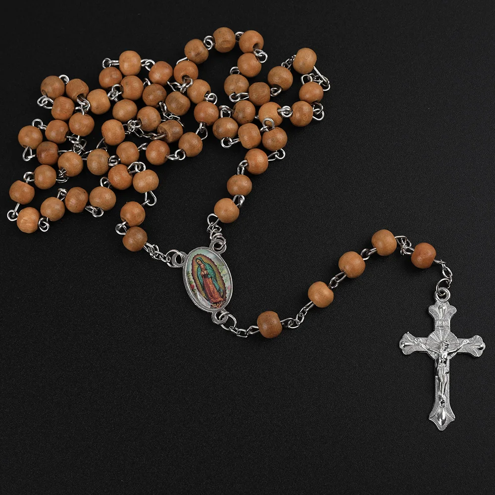 6MM Weiße Holz-Rosenkranzkette für Frauen, katholischer religiöser Kruzifix-Kreuzanhänger, lange Perlenkette, Herren-Gebetsschmuck, Geschenk – Detail 2