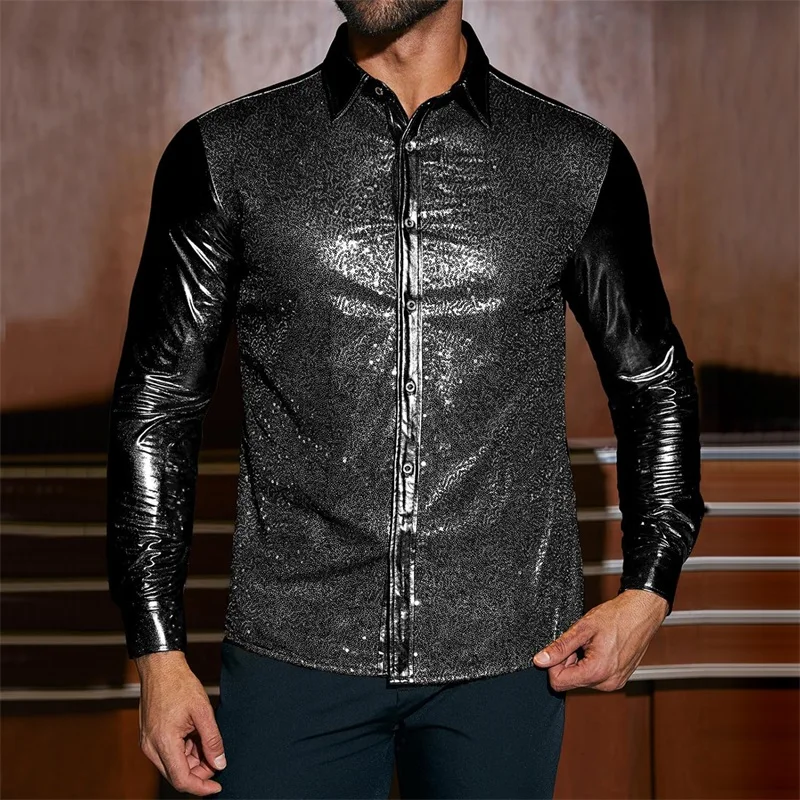 

Женская блузка с блестками, блестящая рубашка с длинным рукавом и воротником с лацканами, блестящие вечерние топы на пуговицах, одежда для ночного клуба
