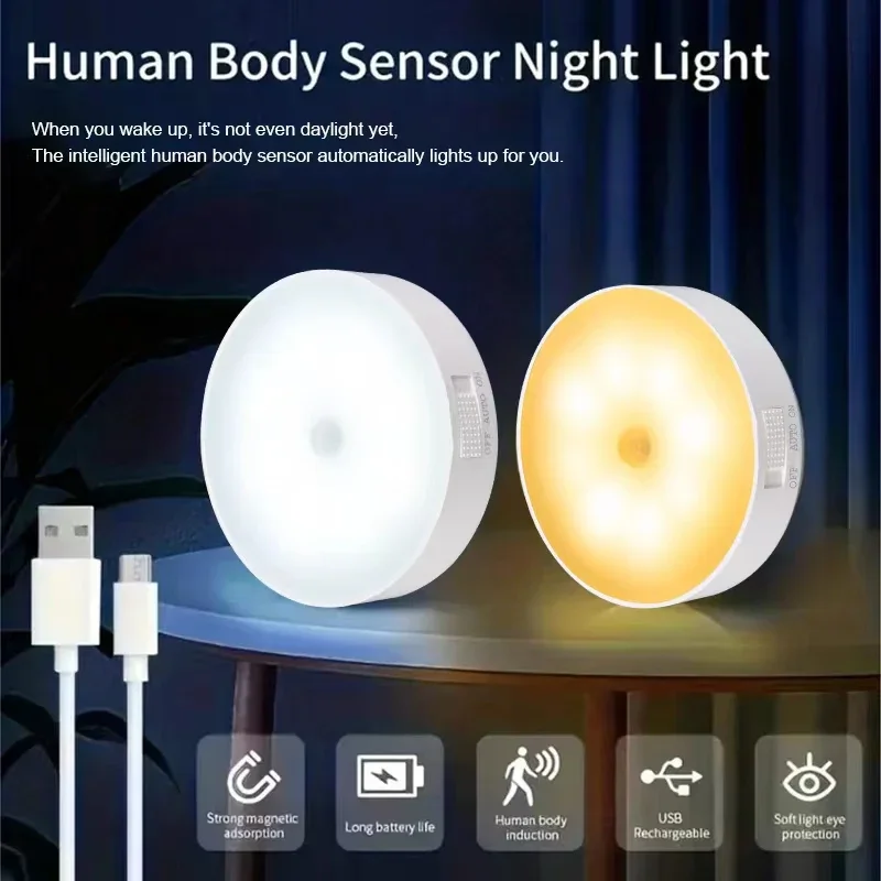 

LED Night Light With Motion Sensor USB Rechargeable Night Lamp For Kitchen Cabinet Wardrobe Lamp Staircase Wireless Closet Light