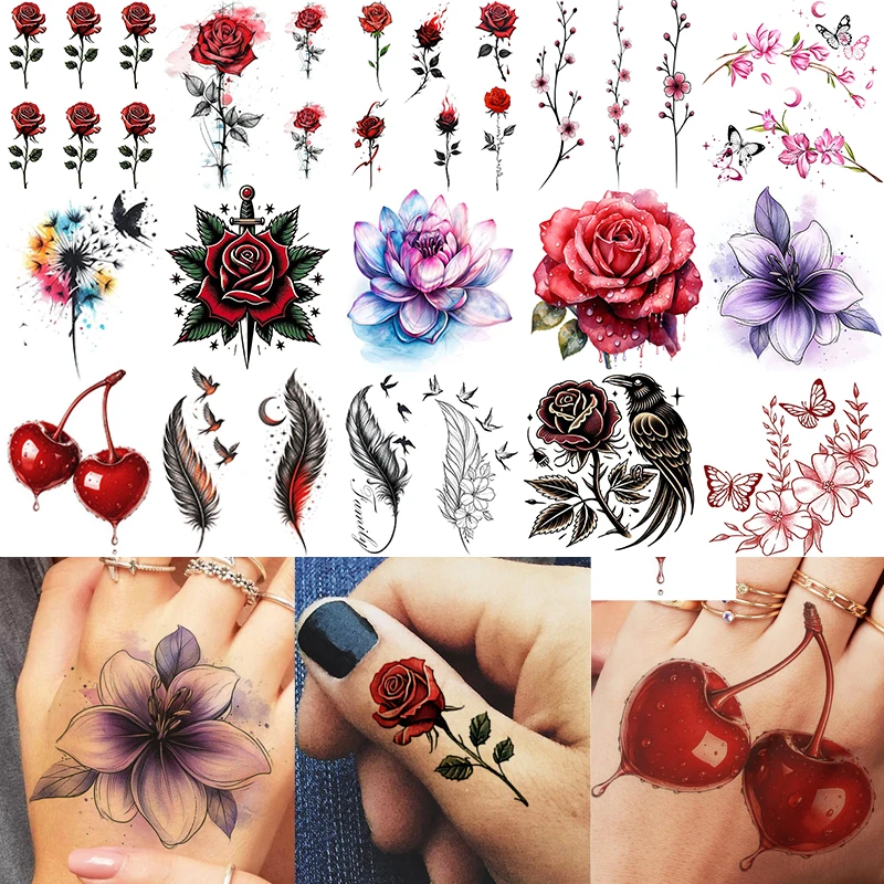 

1 Sheet Rose Feather Flower Bird Temporary Tattoos Adult Hand Shoulder, Fake Tattoo Sticker Daily Use Last Long Realistic Tatoos