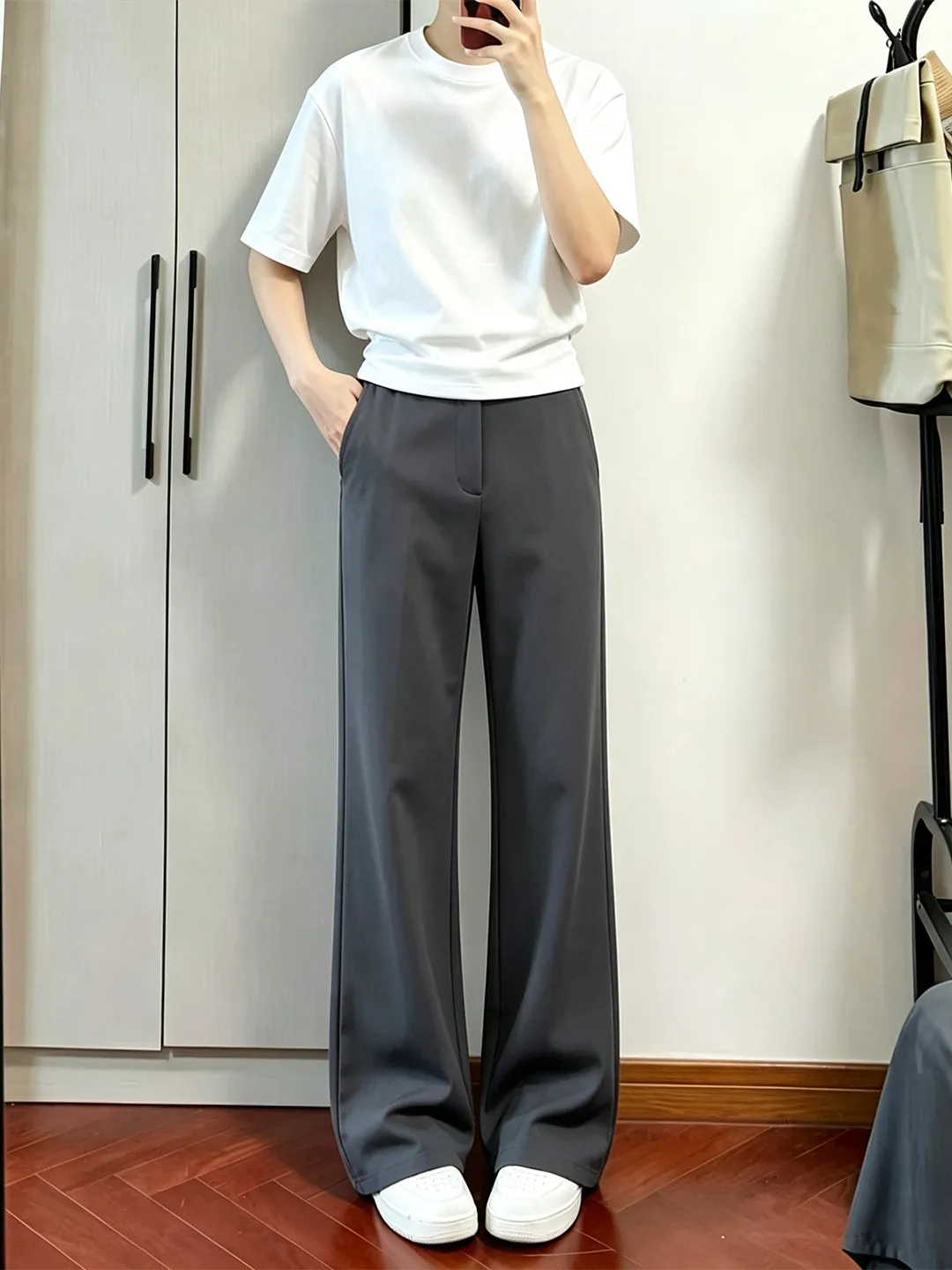 Gray Ice Silk Micro Flared West Pants Drapey Cleanfit Men's Summer Thin Straight Casual Suit Pants High Waist Button Closure