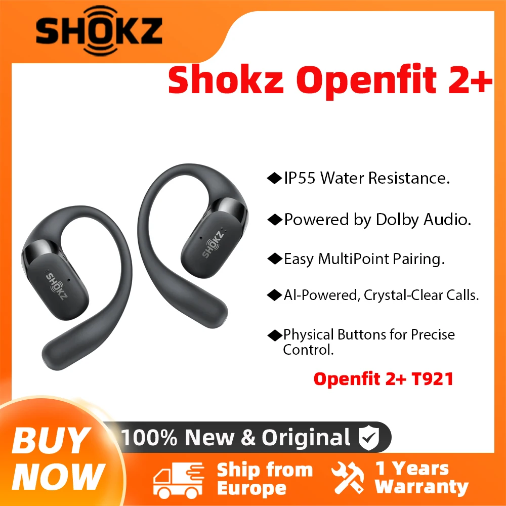 SHOKZ OpenFit 2 + T921 écouteurs d'oreille gratuits Dolby Audio Compatible 48 heures IP55 résistance à l'eau USB-C charge sans fil nouveau T921