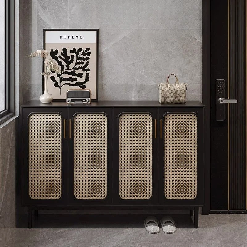 */-Rattan Nordic Shoe Cabinet Solid Wood New Home Door Black Entrance Large Capacity Living Room Storage Cabinet