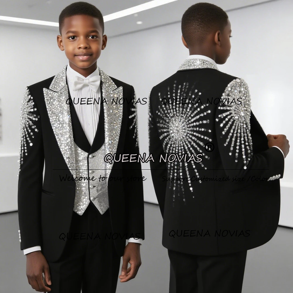 

Brilliant Beaded Crystals Boys Suits For Wedding Sequins Peaked Lapel Prom Blazer Customized Children Birthday Tuxedo Luxury