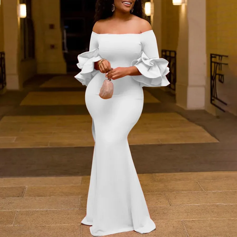 

Spring Sexy Off The Shoulder Split Evening Dress Women Fashion Solid Slash Neck Long Sleeve Floor Party Dress Women