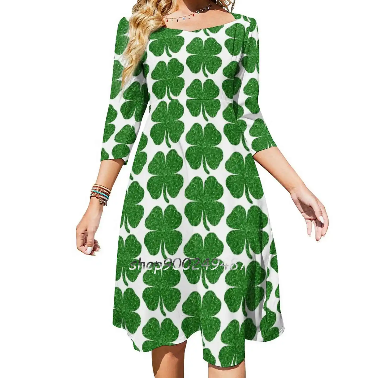 Glitter Green Shamrock Evening Party Dresses Midi Sexy Dress Female Sweet One Piece Dress Korean Shamrock Clover Green Glitter