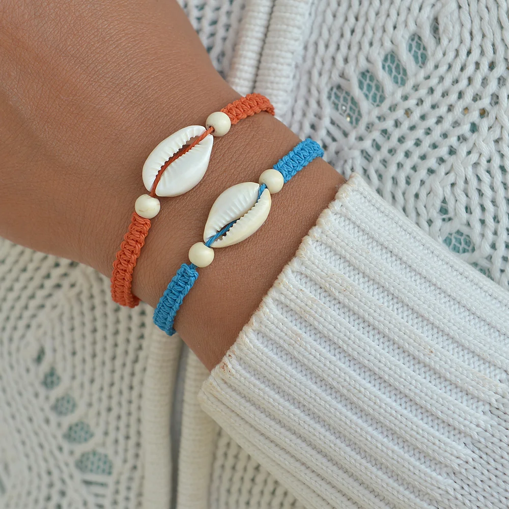 Fashionable Vacation Style Natural Seashell Red and Blue Rope Woven Adjustable Double-Layer Bracelet Unisex Jewelry Gift