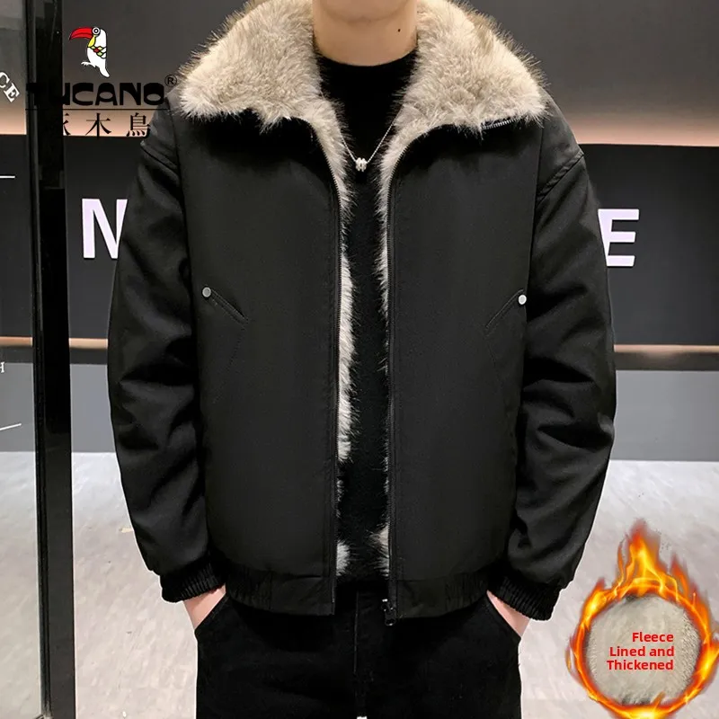 

TUCANO Winter Men's Thiened Fluffy Collar Cotton Jaet Warm Casual Outerwear Faionable Youth Cleanfit Long Sve Zipper
