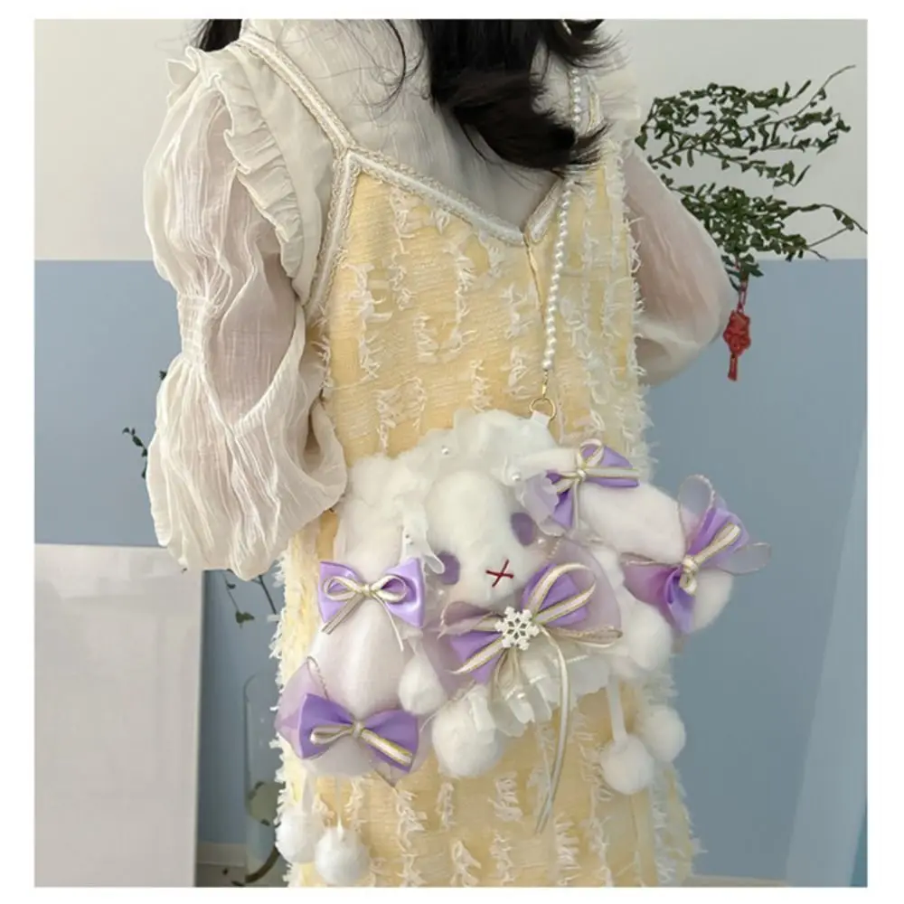 New Cute Bunny Plush Bag Lolita Shoulder Bag Kawaii Princess Sweet Pearl Chain Crossbody Bags Long-eared Rabbit Purse