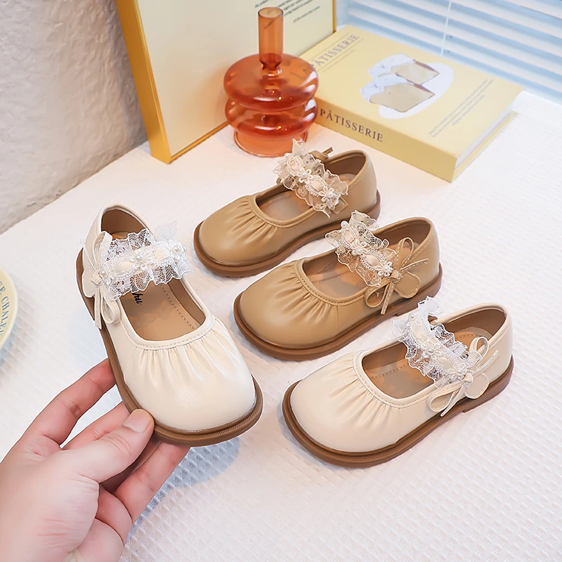 

Girls Princess Performance Shoes Children Pleated Lace Flowers Sweet Shoes Fashion Kids Leather Shoes for Party Wedding 2025 New
