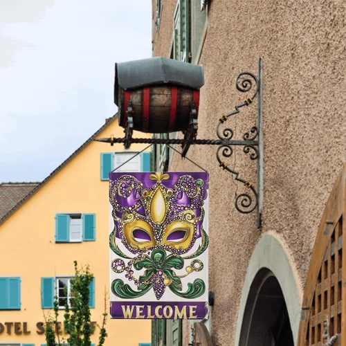 Mardi Gras Welcome Garden Flag 12X18 Masquerade Mask Fleur De Lis Carnival Doubl OOV IIC