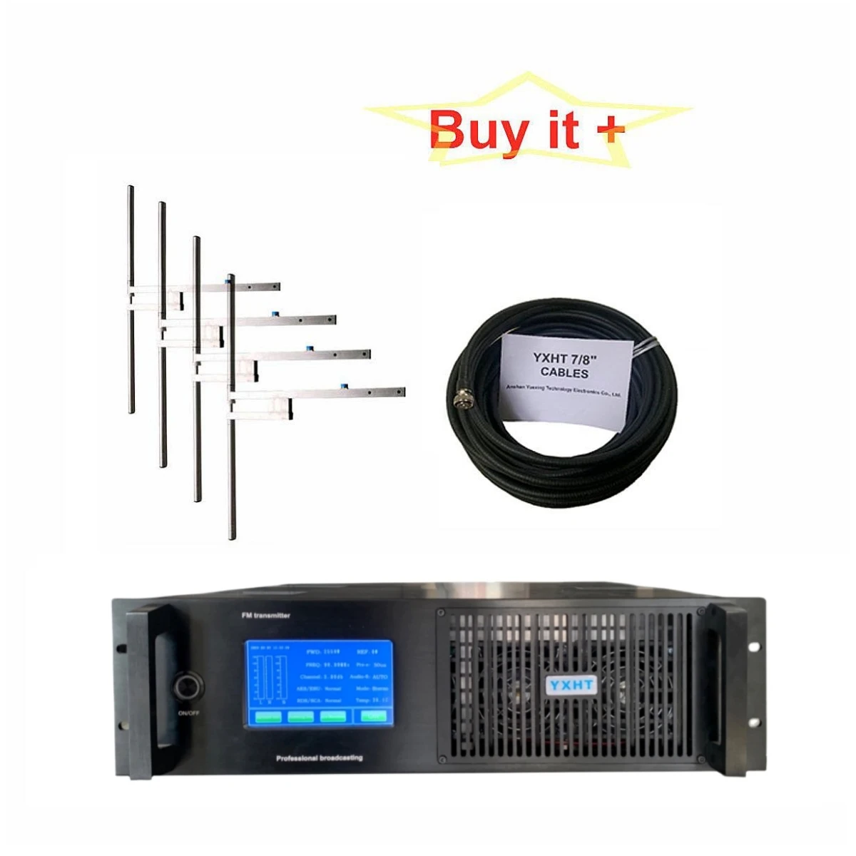 YXHT-2, 3KW 3U Complete Package: FM Transmitter 3000W + 4-Bay Antenna + 50 Meters 7/8