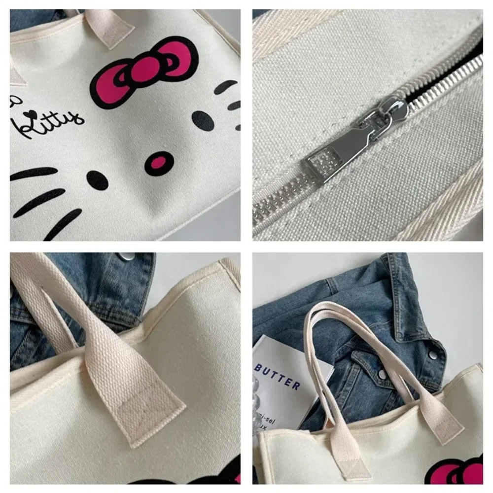 Torba Anime Hello Kitty Sanrio płócienna torba na ramię zwykłym nadrukiem torebka Kawaii dla do szkoły pracy ozdoba na zakupy