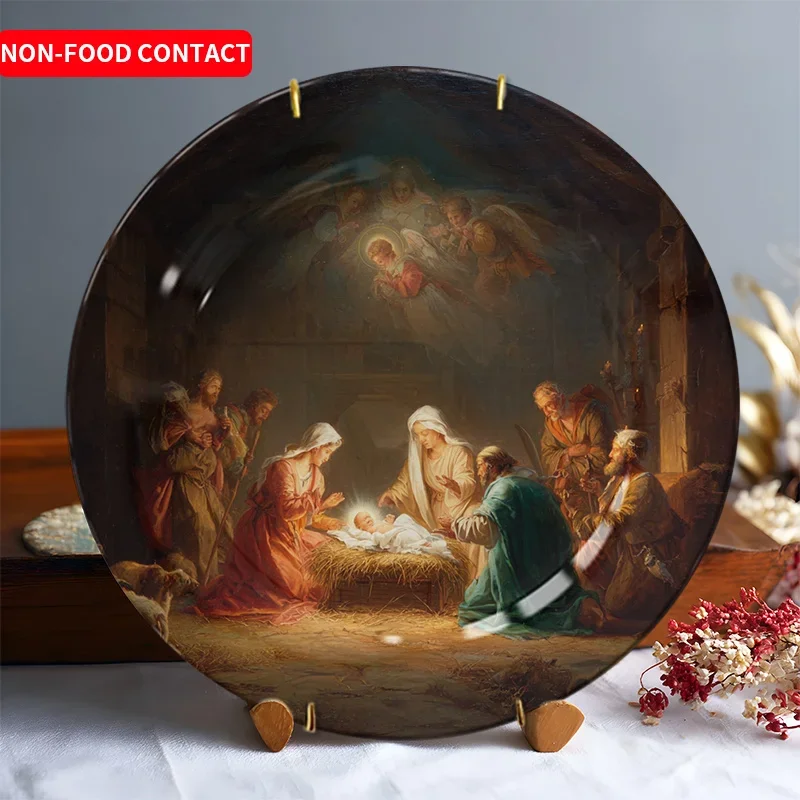 1pc Hand-Painted Ceramic Christmas Nativity Scene Decorative Plate - Non-Food Contact, Round Artistic Angel & Shepherds Design