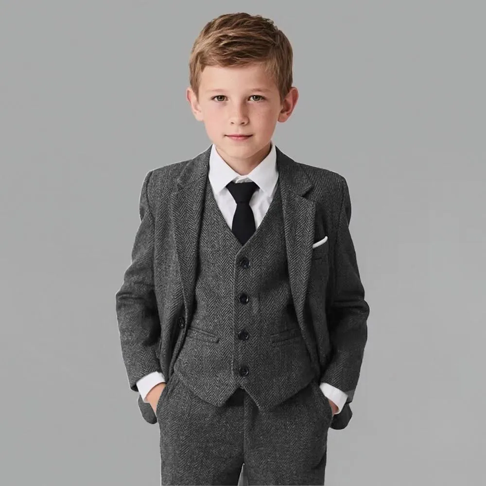 Retro Boy's 3 Pieces Tweed Herringbone Suit Notched Lapel Wool Blend Kids Dress Tuxedos For Wedding Groom (Blazer+Vest+Pants)
