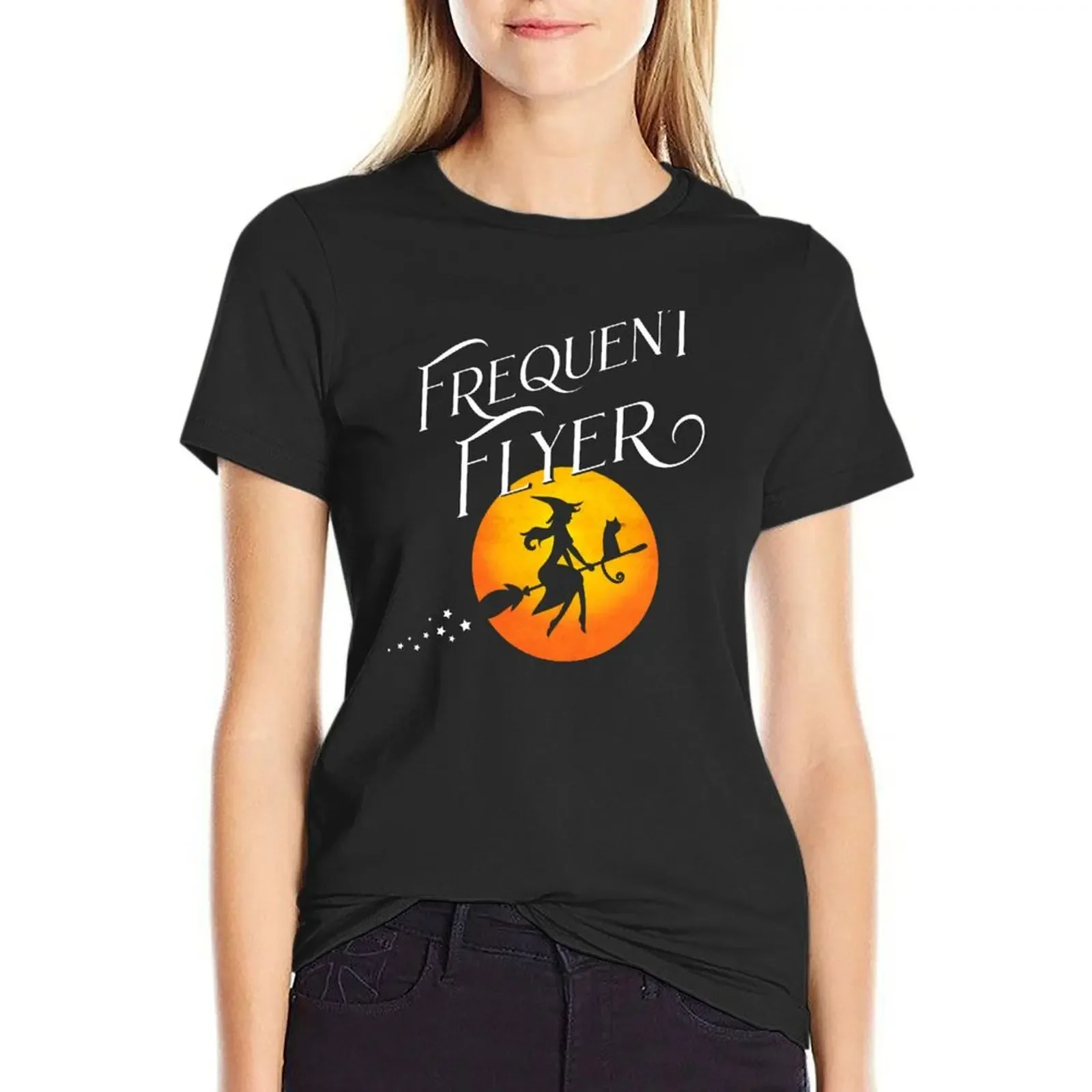 

Frequent Flyer Funny Halloween Witch T-Shirt funnys vintage anime clothes plain western t shirts for Women