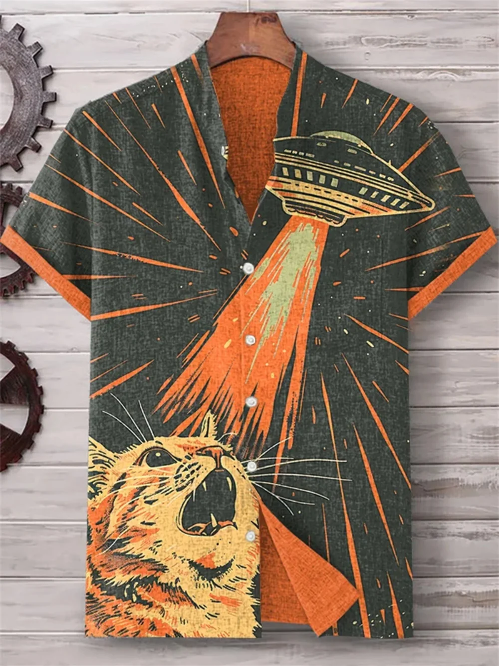 

Men's Creative Cat Print Linen Short Sleeved Shirt Stand up Collar Cardigan Fashionable Street Casual Breathable plus Size