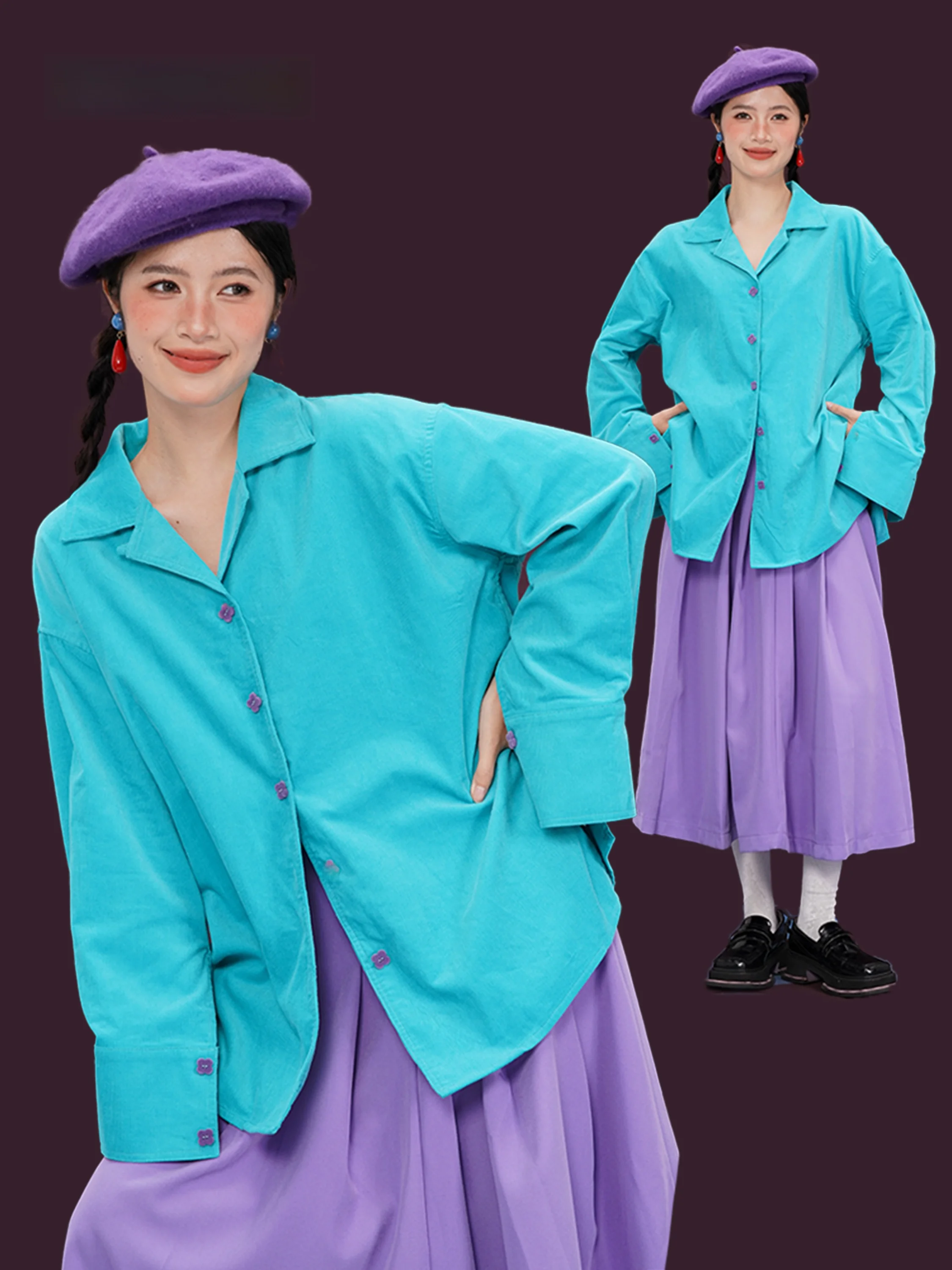 

Retro Peaco Blue Corduroy Long Sve irt Loose Fit Art Student Sle Warm Autumn Winter New Arrival Women's Faion irt