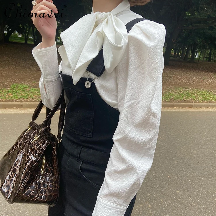 Japanese Sweet Lace-up Big Bow Bubble Sleeve Long-sleeved Women's Shirt Spring Autumn New Fashion Fairy Loose Elegant Blouse Top