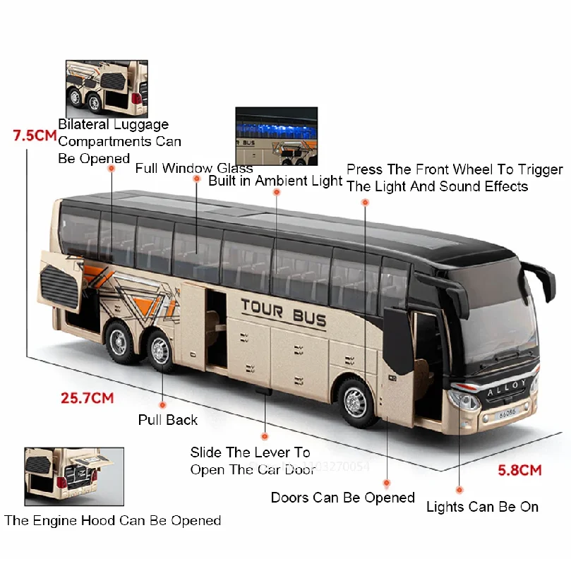 1:30 Business Single Double Decker Bus Toys Cars Diecast Alloy Models Doors Opened with Sound Light Pull Back Vehices Kids Gifts