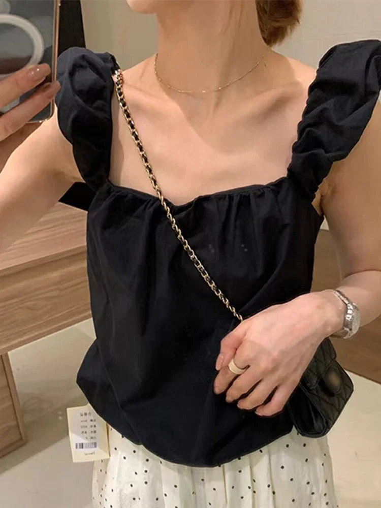 Casual Sweet Lady Square Neck Woman Blouse Black Simple Basic Sleeveless Top Female Chicly Summer Solid Color Slim Women Blouse