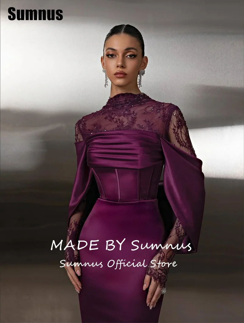 Sumnus Elegant Mermaid Evening Dresses High Neck Lace Sleeves Floor Length Formal Occasion Gown فساتين سهرة Customized