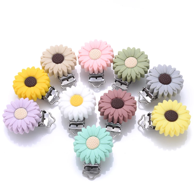 3Pcs Round Flowers Silicone Pacifier Clips Food Grade Silicone DIY Baby Teether Soother Nipple Chain Chew Toy Dummy Clips