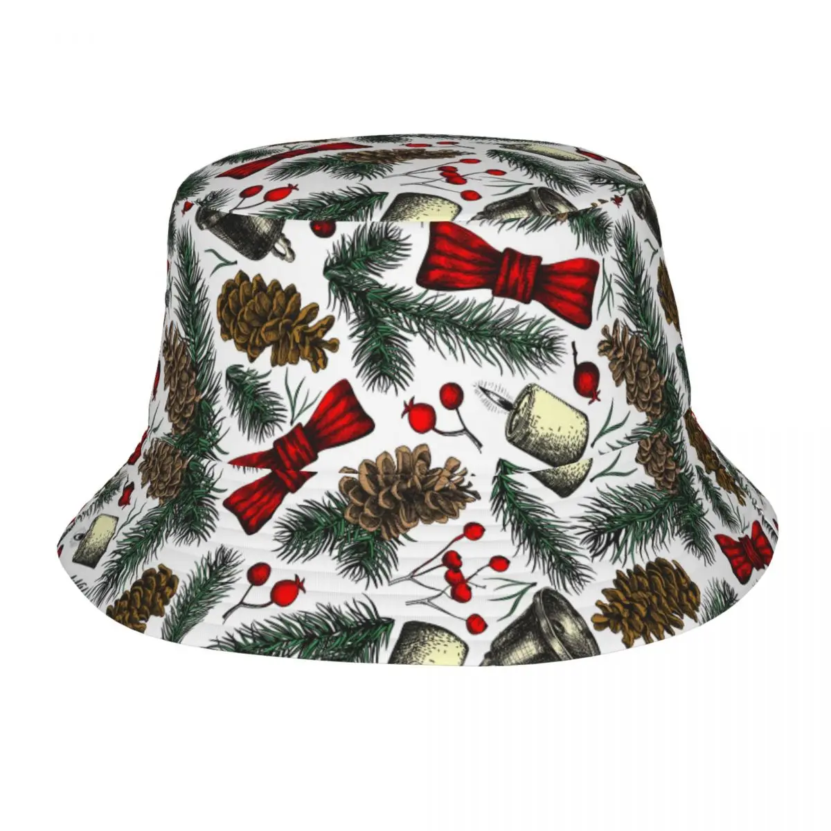 

Fisherman Hat Unisex Bob Cap Christmas Sprigs Cones Berries And Bells Hip Hop Gorros Panama Windproof outdoor Bucket Hat