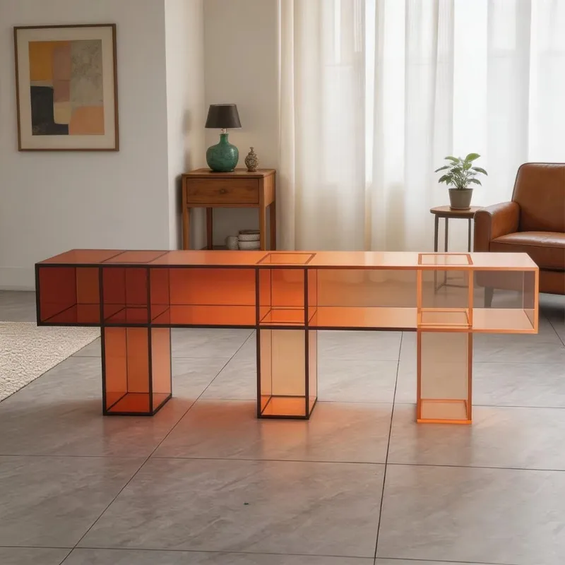 Custom Orange Translucent Acrylic Long Bench Modern Geometric Thick Lobby Living Room Furniture Coffee Table