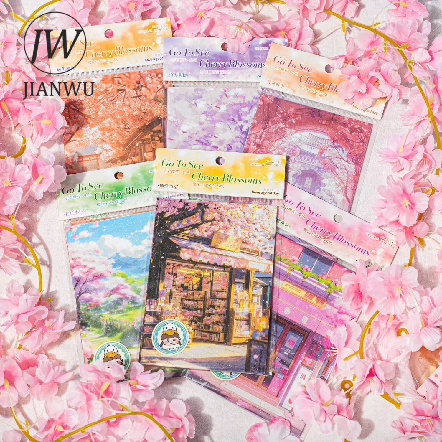 JIANWU Go See Cherry Blossoms Series Flower Material Collage Landscaping Sticker Creative DIY Journal Scrapbooking Stationery