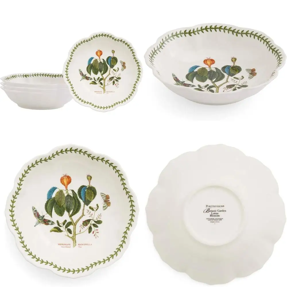

Lotus Blossom Porcelain Bowl Set, 4-Piece, 9-Inch, Ideal for Soup, Salad, and Fruit, Botanic Garden Design, Manchineel Tree Moti