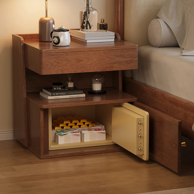 Solid wood bedside table, safe, integrated household bedroom, multi-layer safe with fingerprint password lock