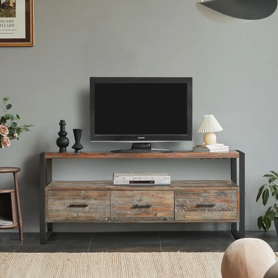 

60 inch Reclaimed wood Media TV Console table with 3 Drarwer; Open Shelf; Antique finish