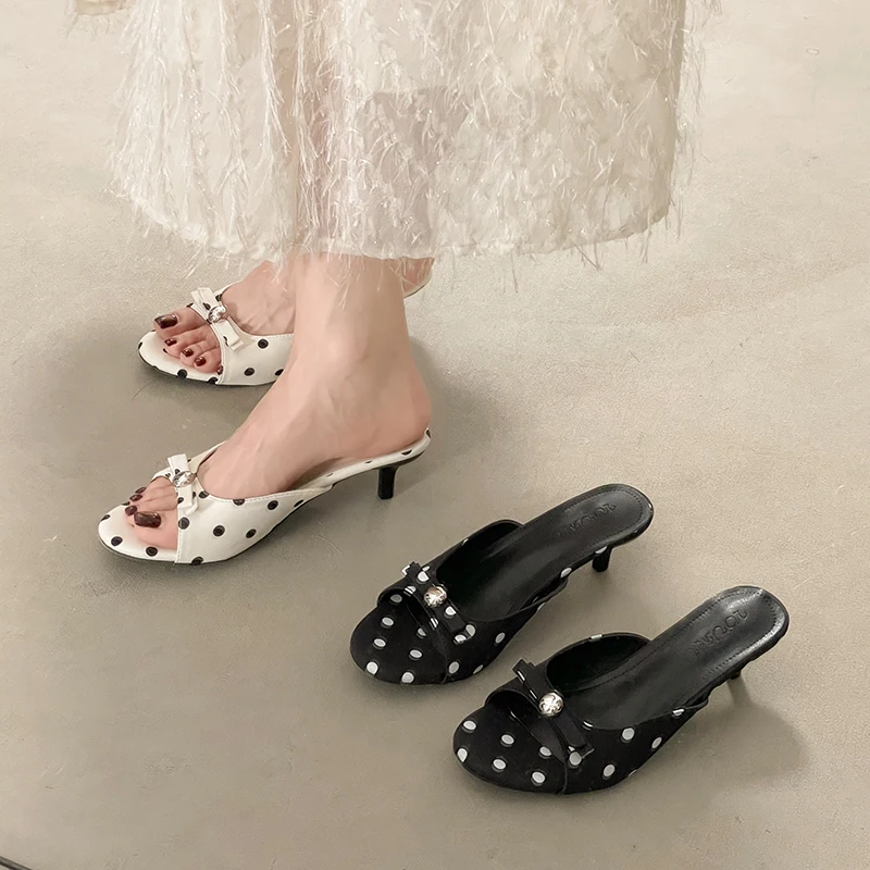

Summer Knot Polka Dot Fish Mouth Women's Sandals High Heels Skirt Matching Flat Sandals Sweet Style One Strap Sandals