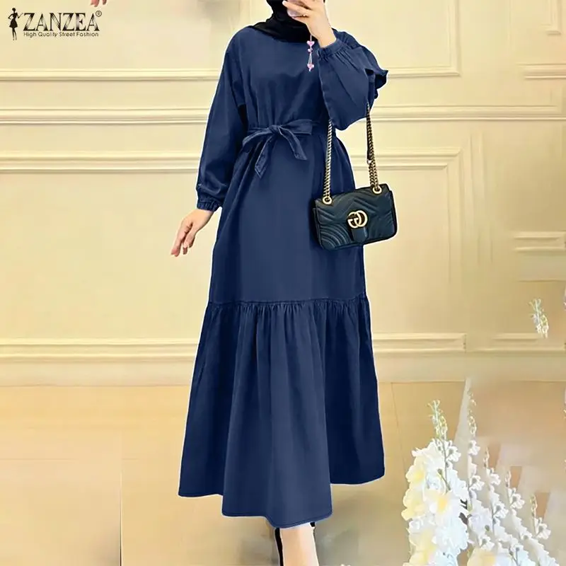 

Muslim Modest Maxi Dresses Women's False-Denim Long Sleeve Tied Waist Ruffled Hem Abaya Robes ZANZEA Islamic Hijabs Woman Dress
